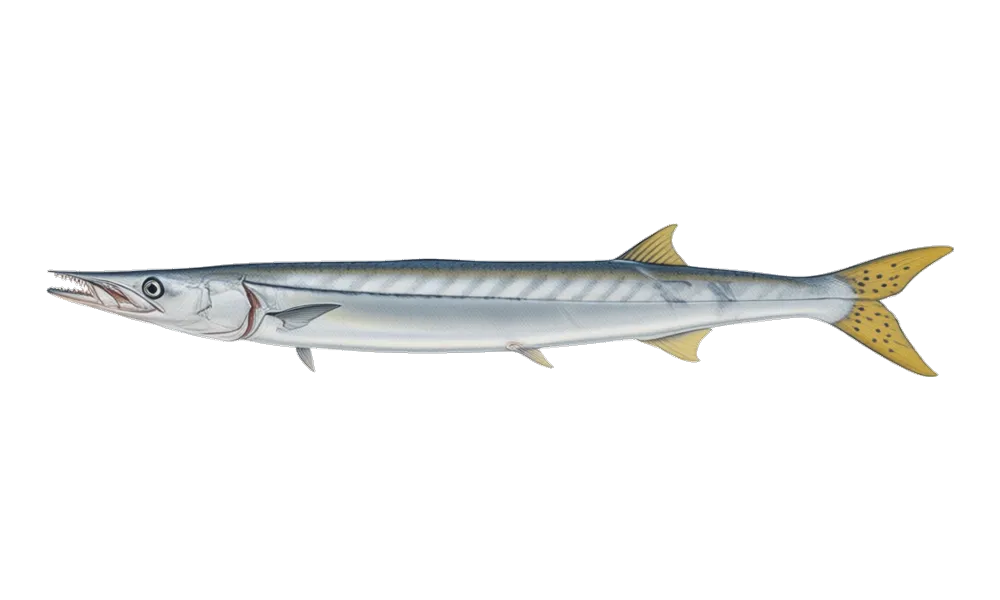 Barracuda (Sphyraena argentea) fish identification illustration