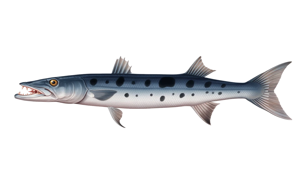 Great Barracuda (Sphyraena barracuda) fish identification illustration